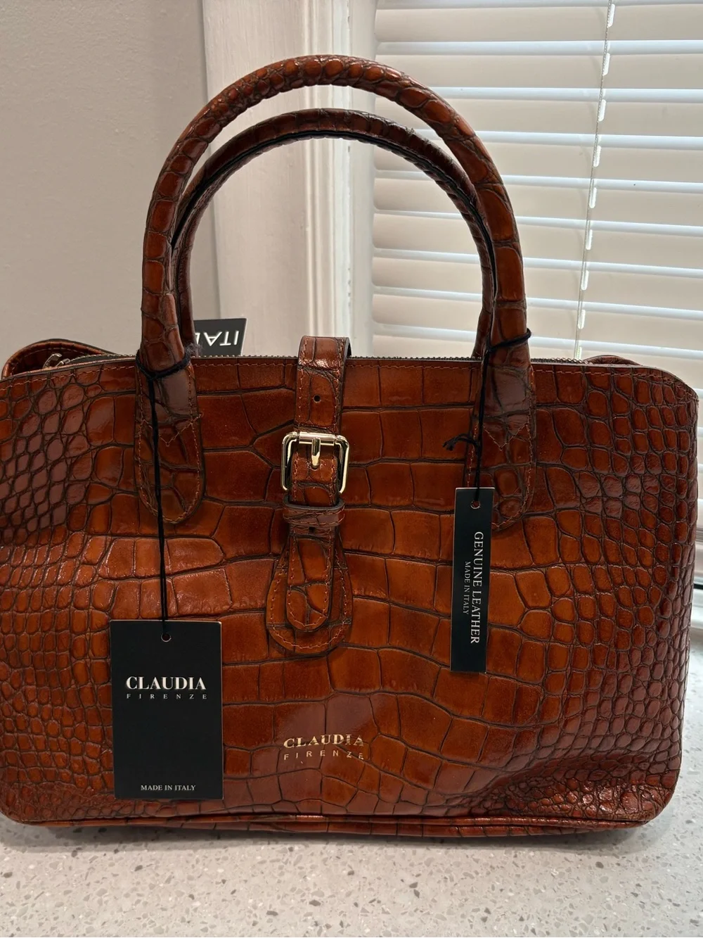 NWT Claudia Firenze Women's Croc-Embossed Leather Satchel in Brown